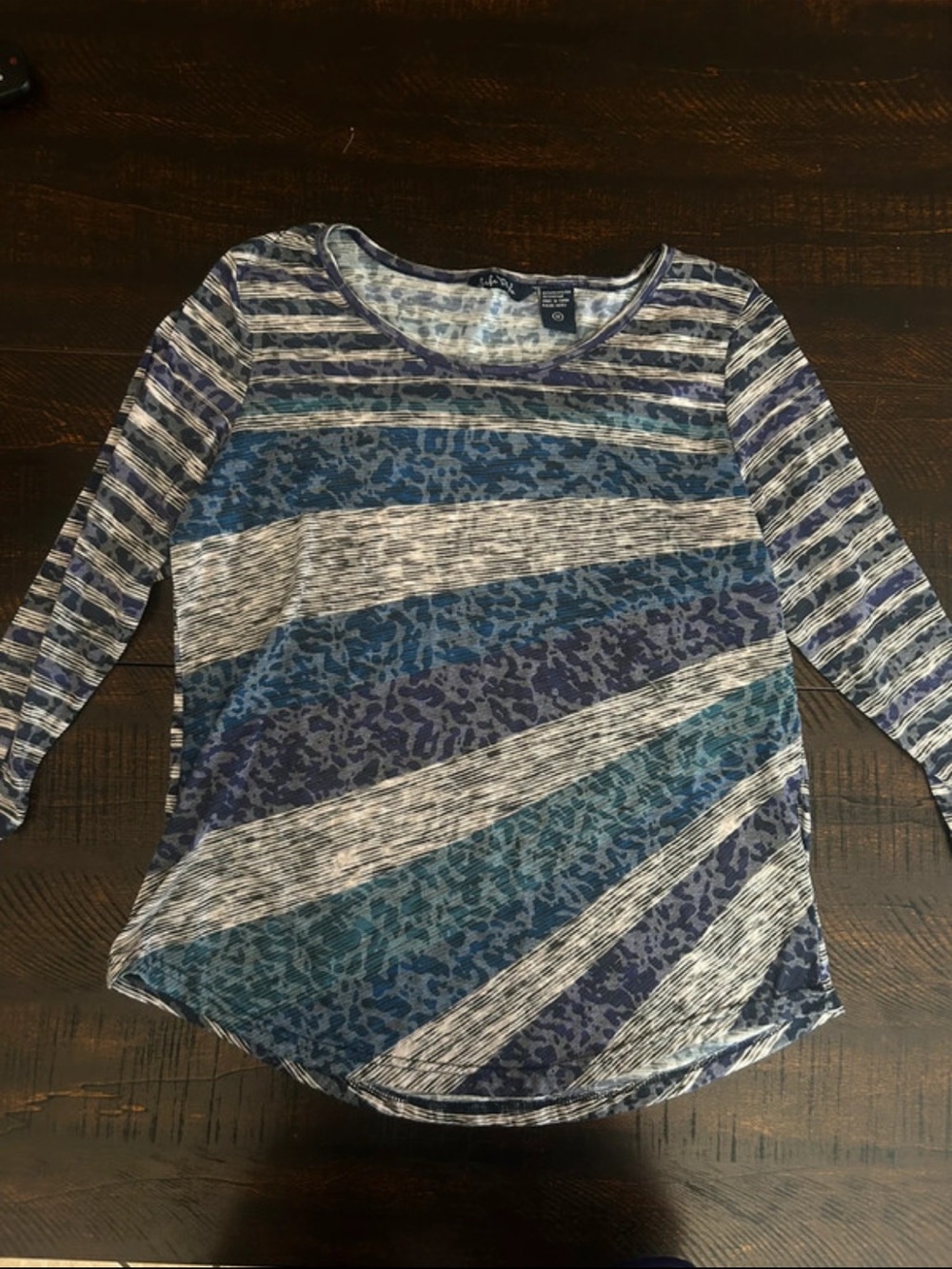 Women’s Blue Mixed-Pattern Long Sleeve Scoop Neck Top